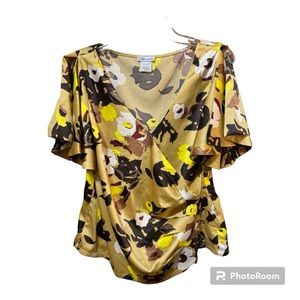 Cenia Paredes yellow floral wrap‎ blouse with split short sleeves. Sz 12P